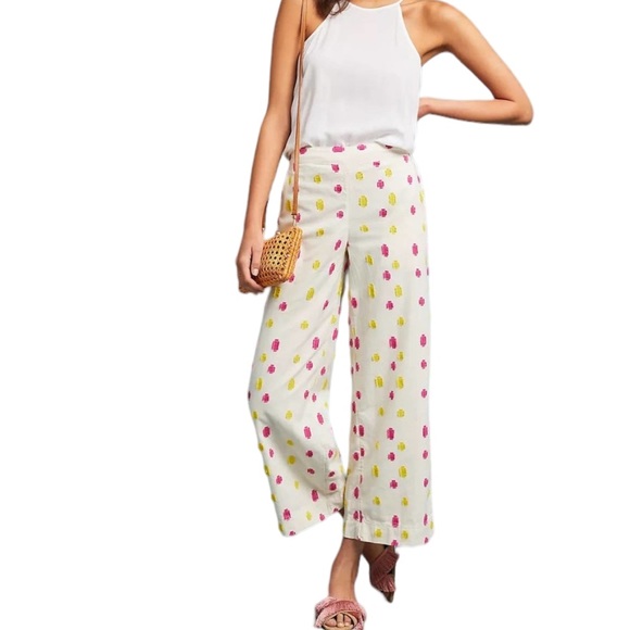Anthropologie Pants - Anthropologie Clip Dot Cropped Trousers Cream w/ Pink & Yellow Detail Sz 6